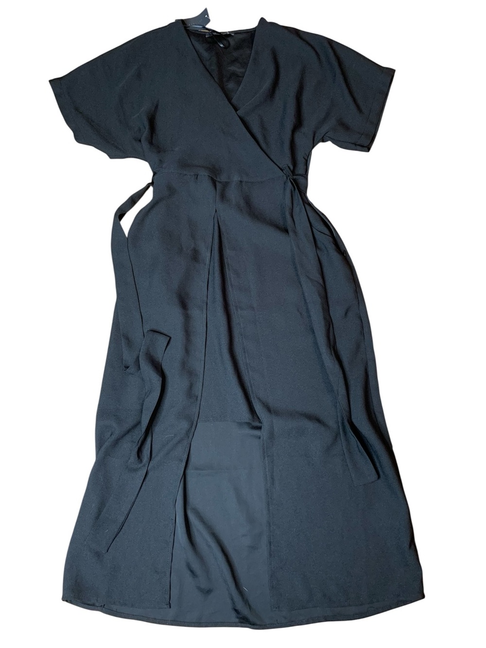 NWT Suzy Shier Black Wrap Midi Dress Short Sleeve Belted (Size S/P)